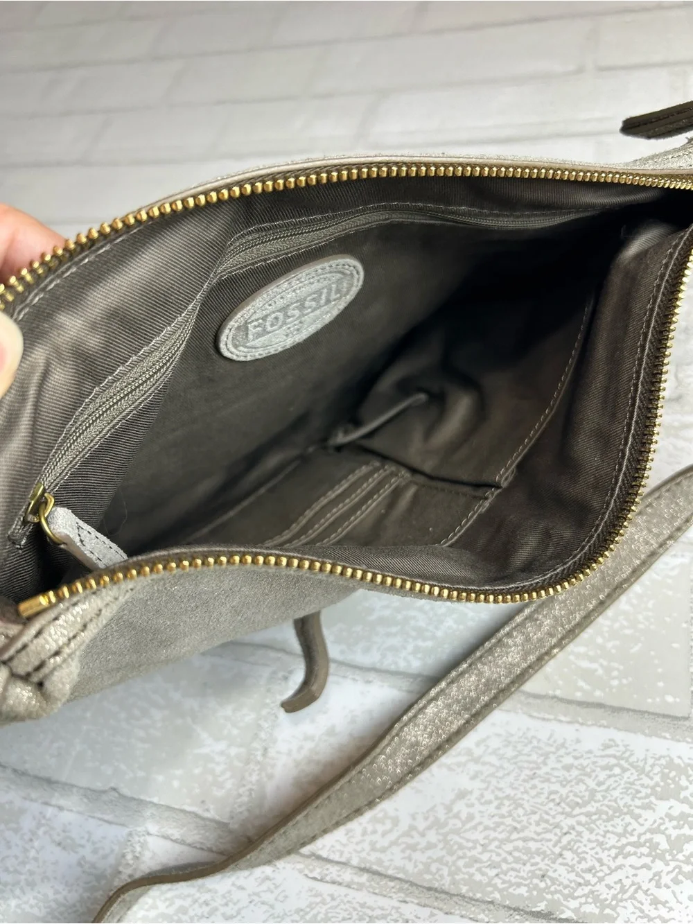 Fossil Women's Metallic Silver Shimmer Crossbody Bag - Minimalist Everyday Carry